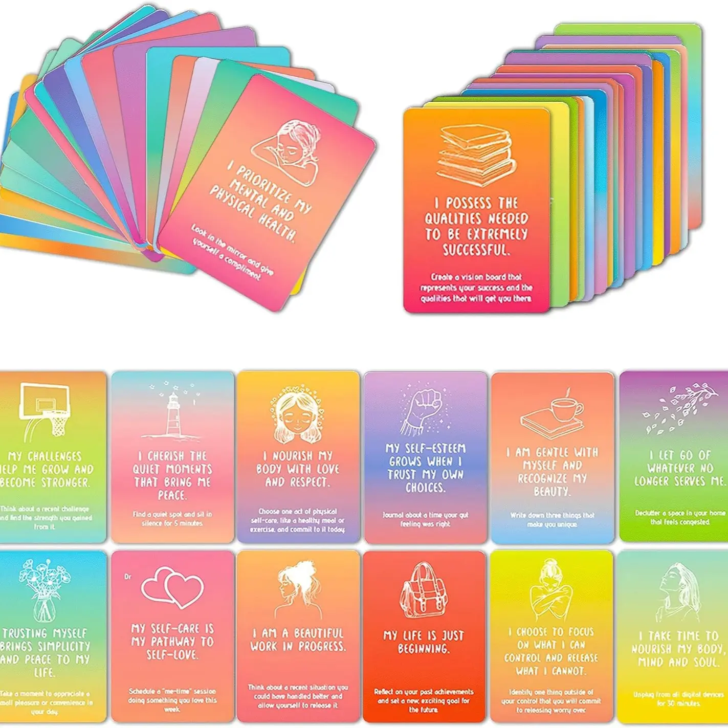 50 Rainbow Gradient Text Interaction Cards, Self-Motivation Positive Energy Cards, Sunlight-Positive Cards, Inspirational Quote Cards