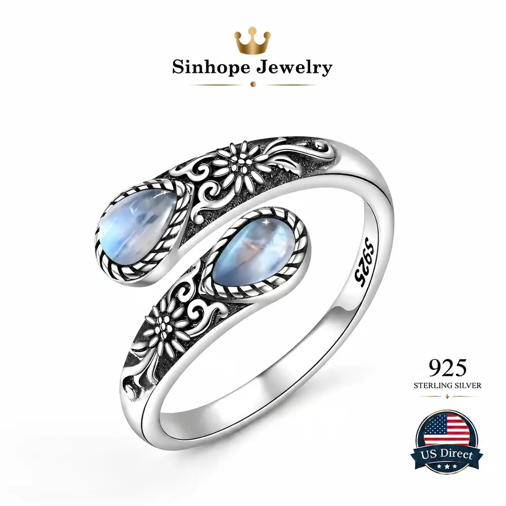 S925 Silver Retro Floral Daisy Scrolls Adjustable Open Ring, Dual Teardrop Moonstone 4mm Width 5.2g Skin-Friendly Boho Elegant Jewelry, Birthday Gift Ideas for Her Mom 21st Birthday Gifts