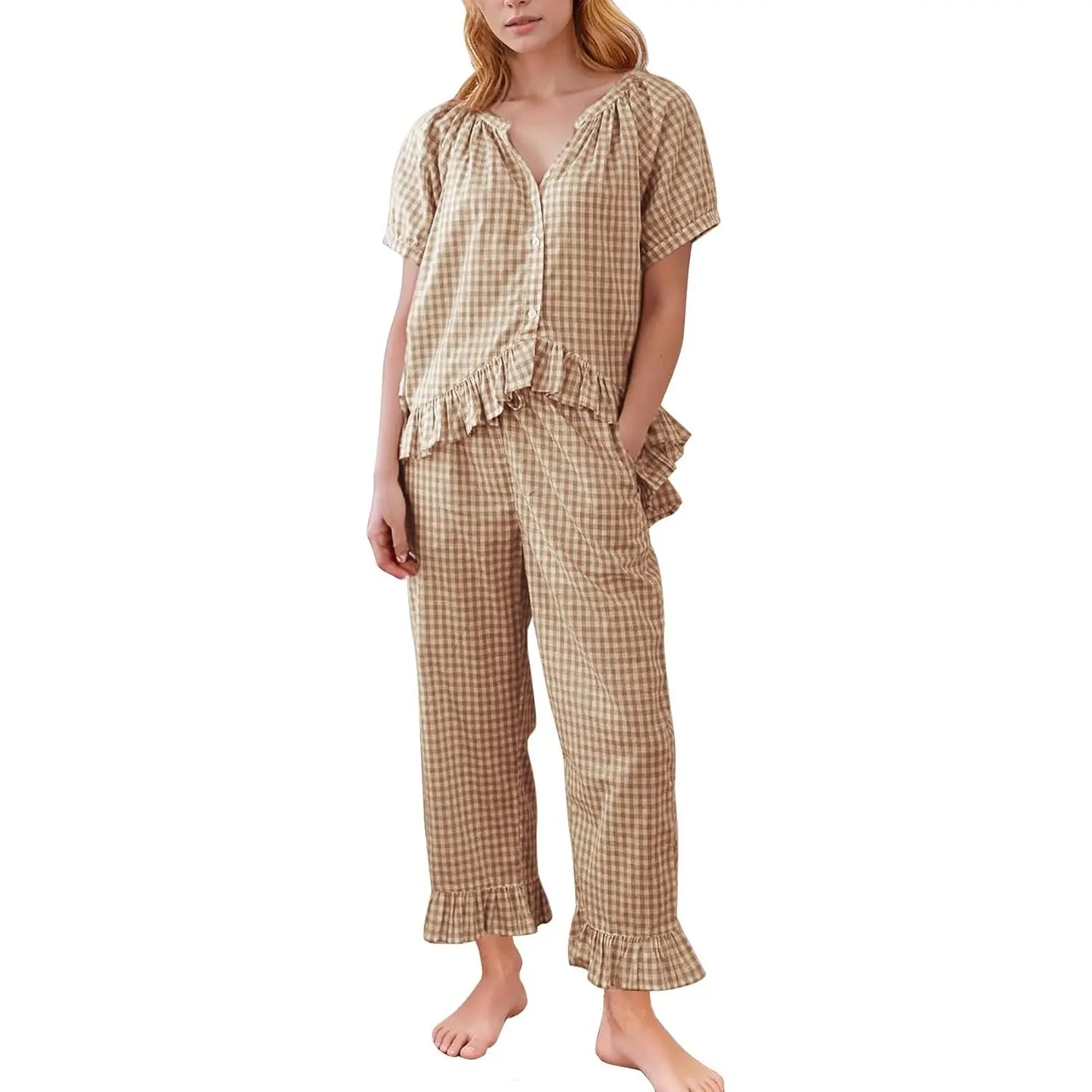 Womens Plaid 2 Piece Pajamas Sets Gingham Button Down Puff Sleeve Babydoll Shirt Ruffle Pants Y2K Pjs Lounge Set