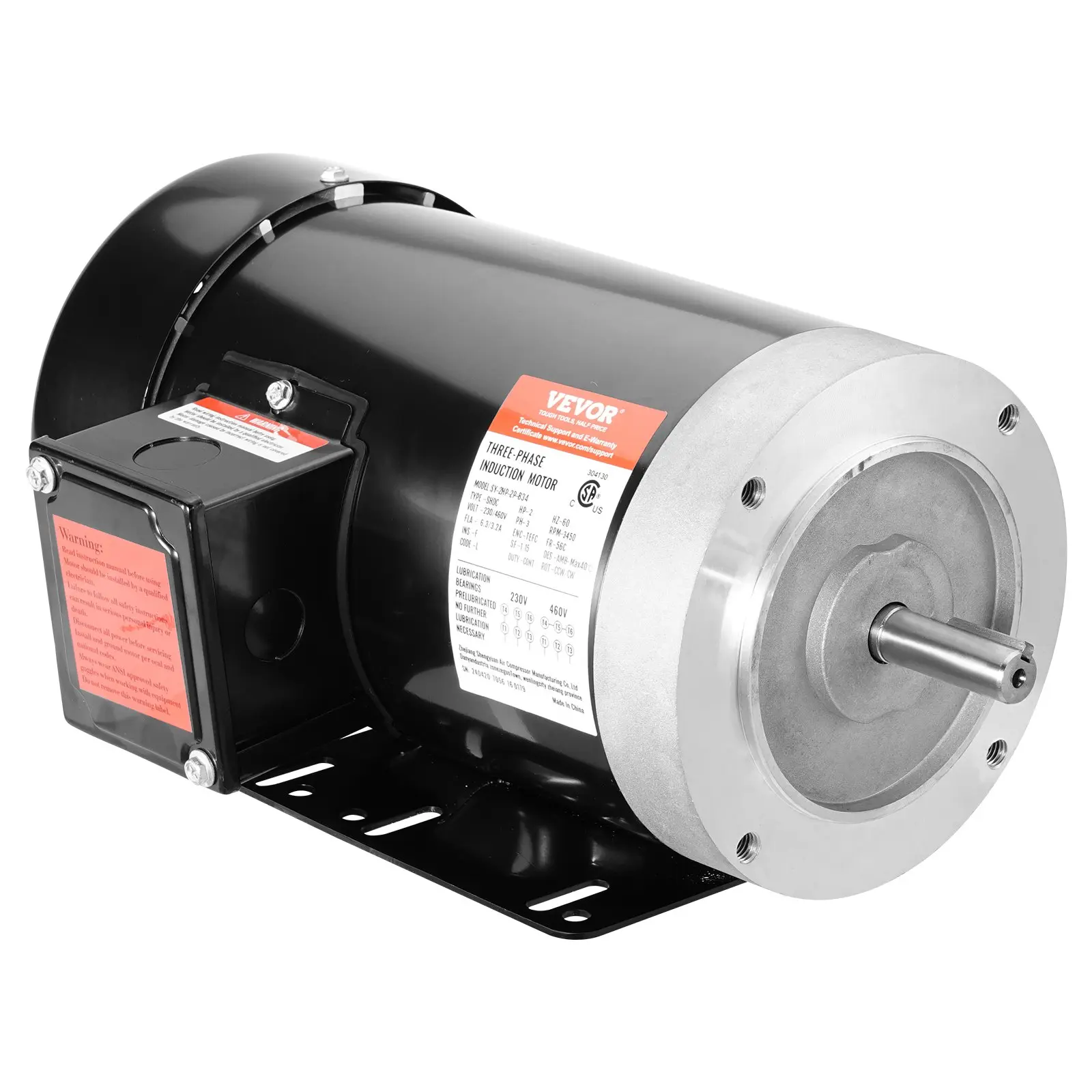 VEVOR 2HP 3-Phase AC Electric Motor - 3450 rpm, 230V/460V 60hz AC Power Supply, 56C Frame, 5/8" Keyed Shaft, Dual Rotation Direction, High Quality Construction for Air Compressors, Agricultural Machinery, DIY Projects