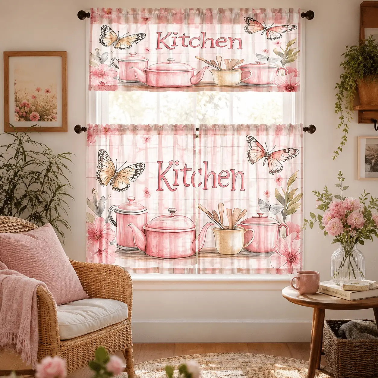 SoftHaven 3-Piece Window Curtain Set - 2D Flat Print Tableware & Letter Pattern, Made in USA, Premium Polyester Rod Pocket Valance & Tiers, Sheer Curtain Alternative, Stylish Cafe Kitchen Decor, Window Curtains