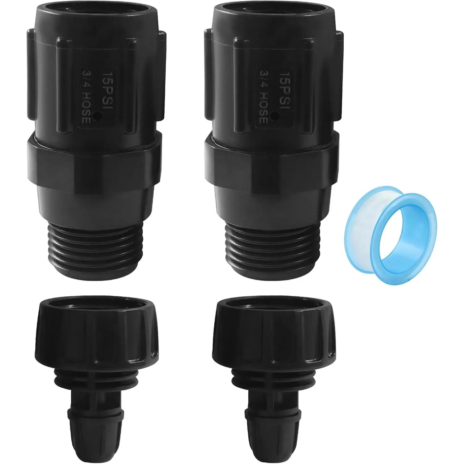 15PSI Drip Irrigation Faucet Adapter Kit, 2 count 3/4" FHT x 3/4" MHT  Regulator with 2 count 1/4 Inch Drip Irrigation Tubing Adapter and 1 Roll Plumbing Tape, for Efficient Garden Watering