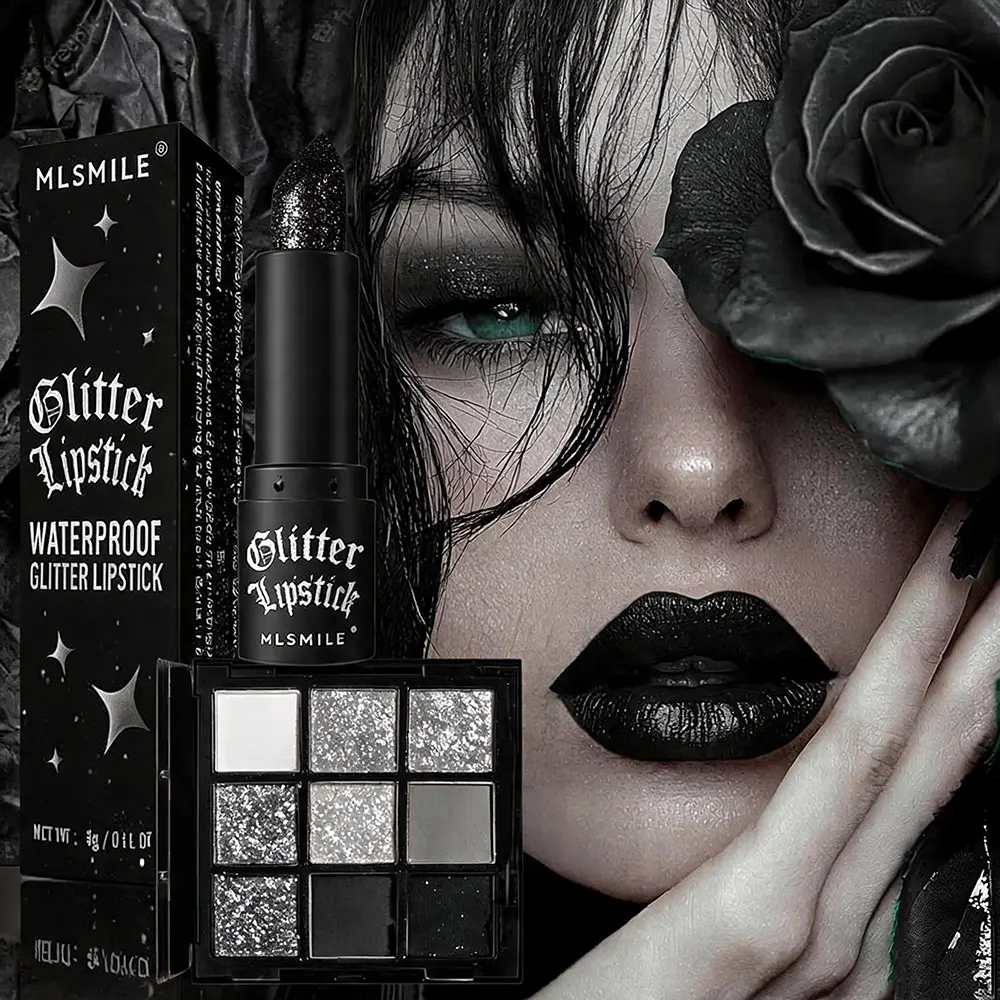 Gothic Makeup Set, Matte Lipstick & Waterproof Eyeshadow Palette, Smoky Eye Shadow, Perfect for Halloween Fun Looks