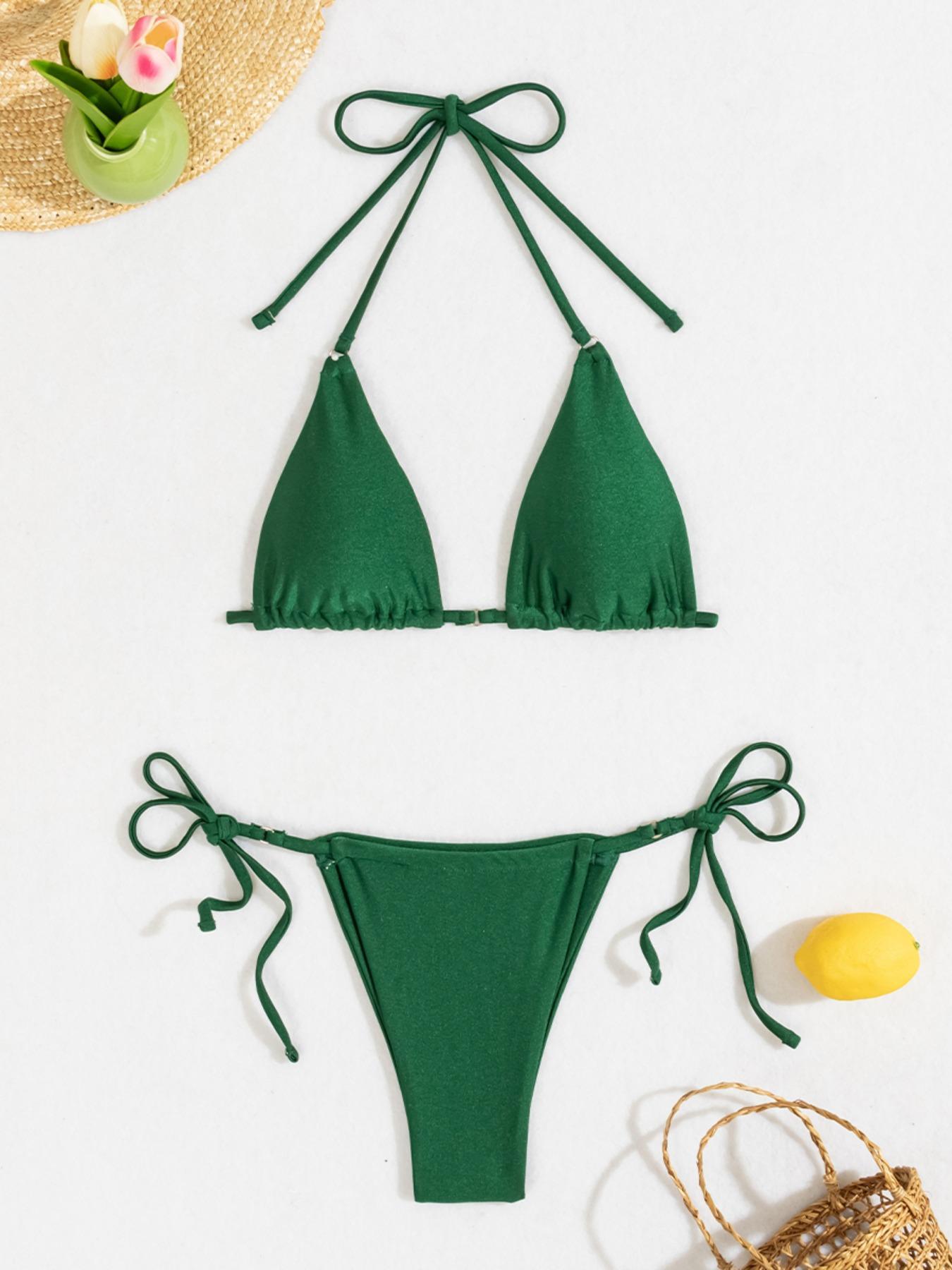 Mix & Match Sizing Solid Bikini Top/bottoms Bikini Set, Casual Halter Neck Backless Triangle Swim Top, Tie Side Swim Thong, Women's Summer Swimwear, Bikinis Sets, Bikini Outfits