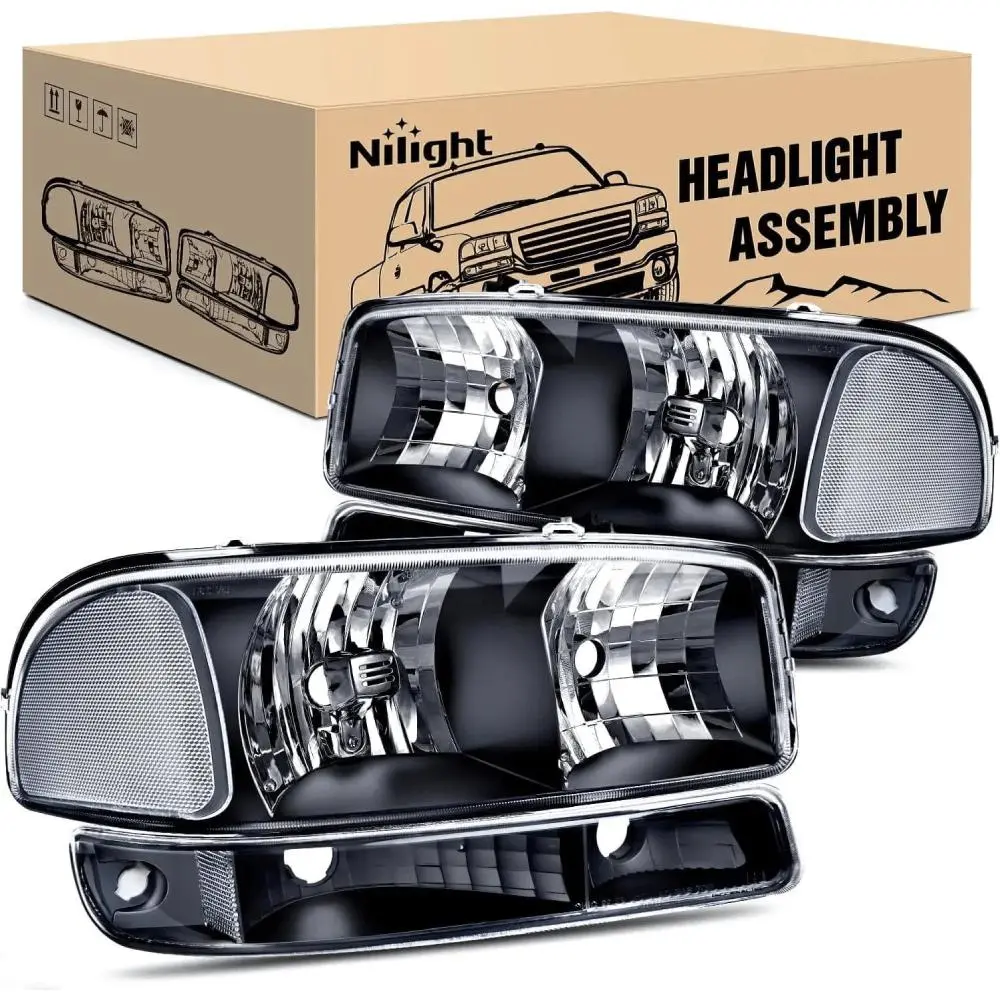 Nilight 1999 2000 2001 2002 2003 2004 2005 2006 GMC Sierra Yukon Headlight Assembly Black Case Clear Reflector fathersdaygift