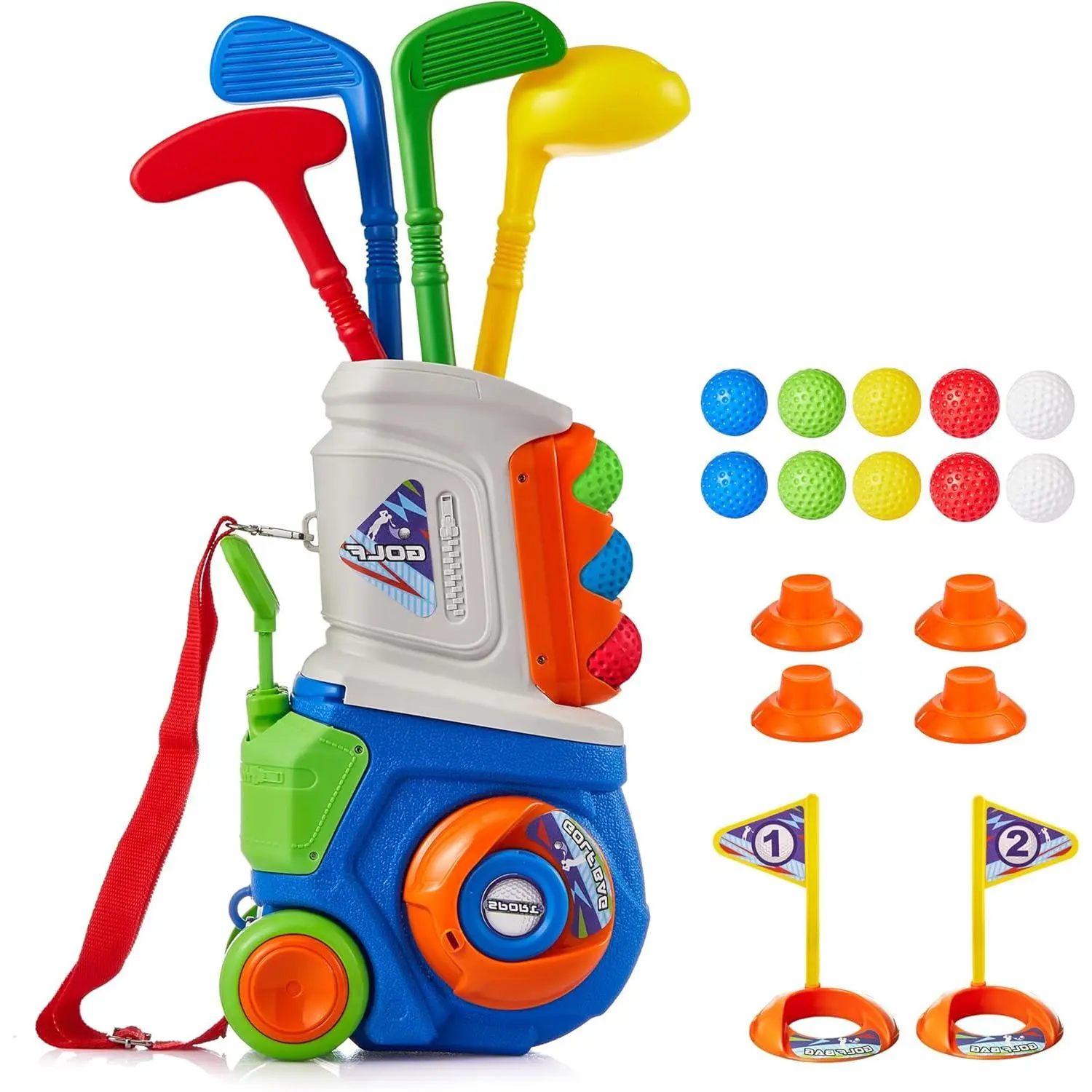 Toddler Golf Set, Plastic Kids Golf Clubs Ages 1 2 3 4 5 Years Old with 4 Golf Clubs and 10 Balls, Indoor and Outdoor Toddler Golf Toys with Cart for Boys and Girls Birthday (Blue)
