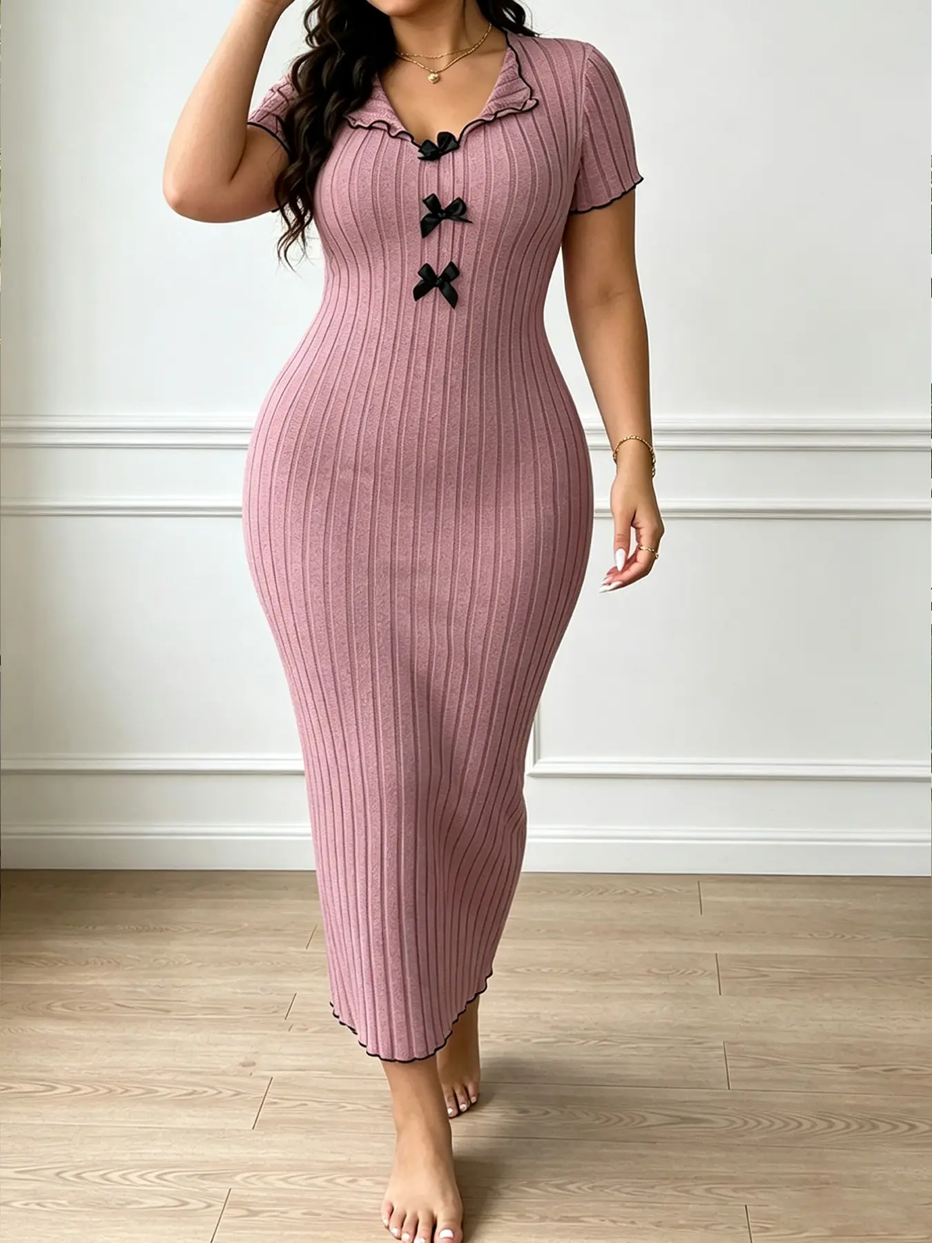 Plus Size Women's Soft Solid Ribbed Knit Dress, Elegant V Neck Pleated Short Sleeve Bow Detail Bodycon Dress, Suitable for Home and Outdoors