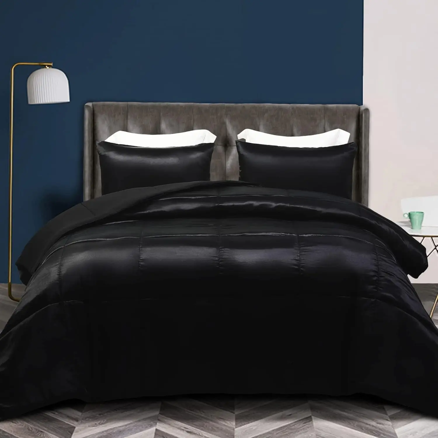 Silk Satin Rectangular 3-Piece Queen Bedding Set - Reversible Silky Soft Comforter, 2 Pillowcases, Lightweight All-Season Duvet, Black