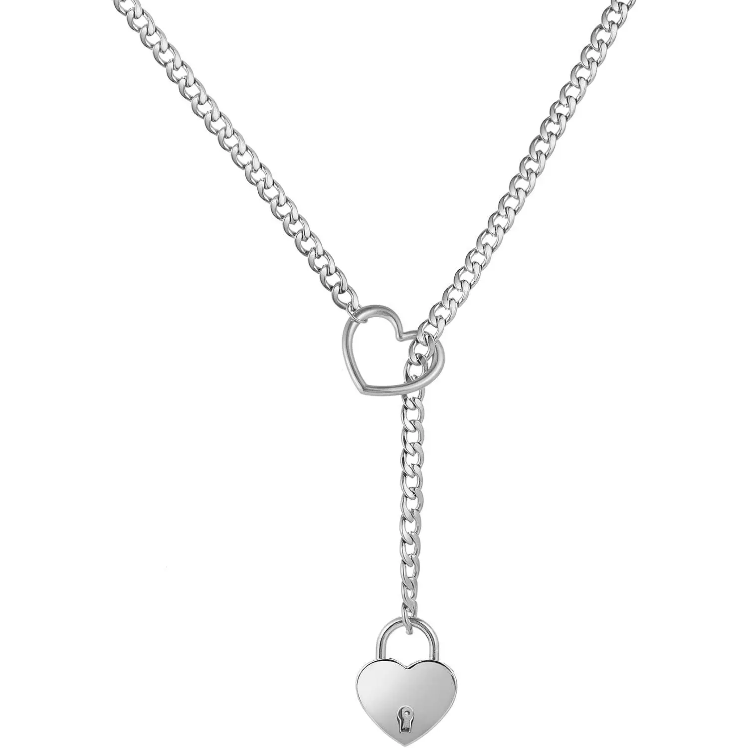 Heart Slip Chain Necklace for Women Goth Lock Heart Choker  for Women Punk Cuban Chain Necklace Stainless Steel O-rings Adjustable Lariat Y-Necklace with Key ()