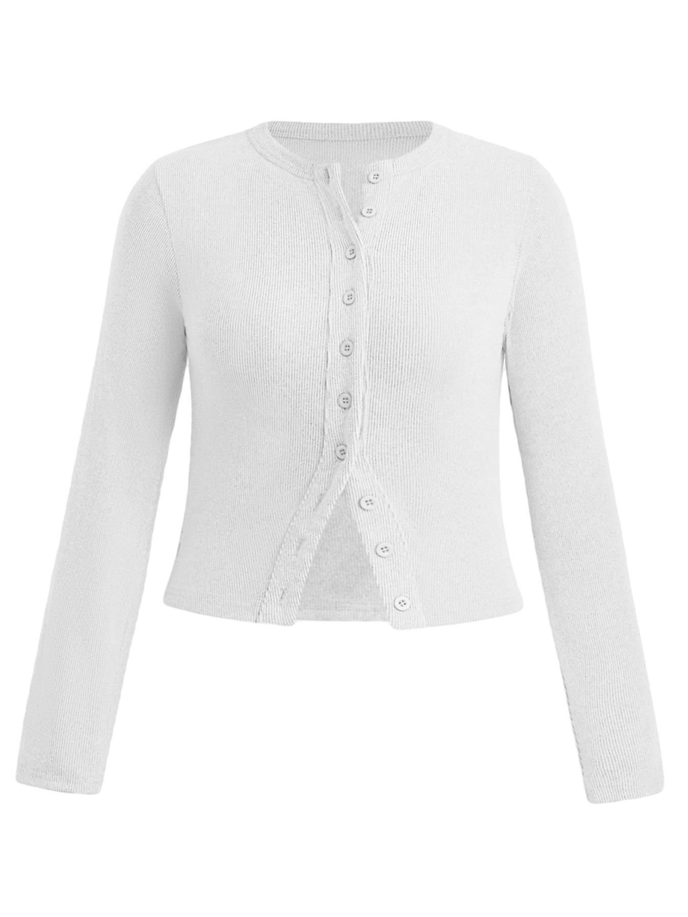 【Plus Size】 Solid Color Ribbed Button Front Cardigan, Casual Long Sleeve Round Neck Knitwear for Spring & Fall, Women's Tops for Daily Wear