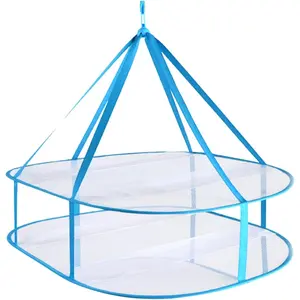 2 Tier Folding Drying Rack, Folding Mesh Clothes  Dryer, Portable Windproof  Laundry Racks with Fixing Band for T-Shirt, Swimsuit, Underwear Outdoor Indoor