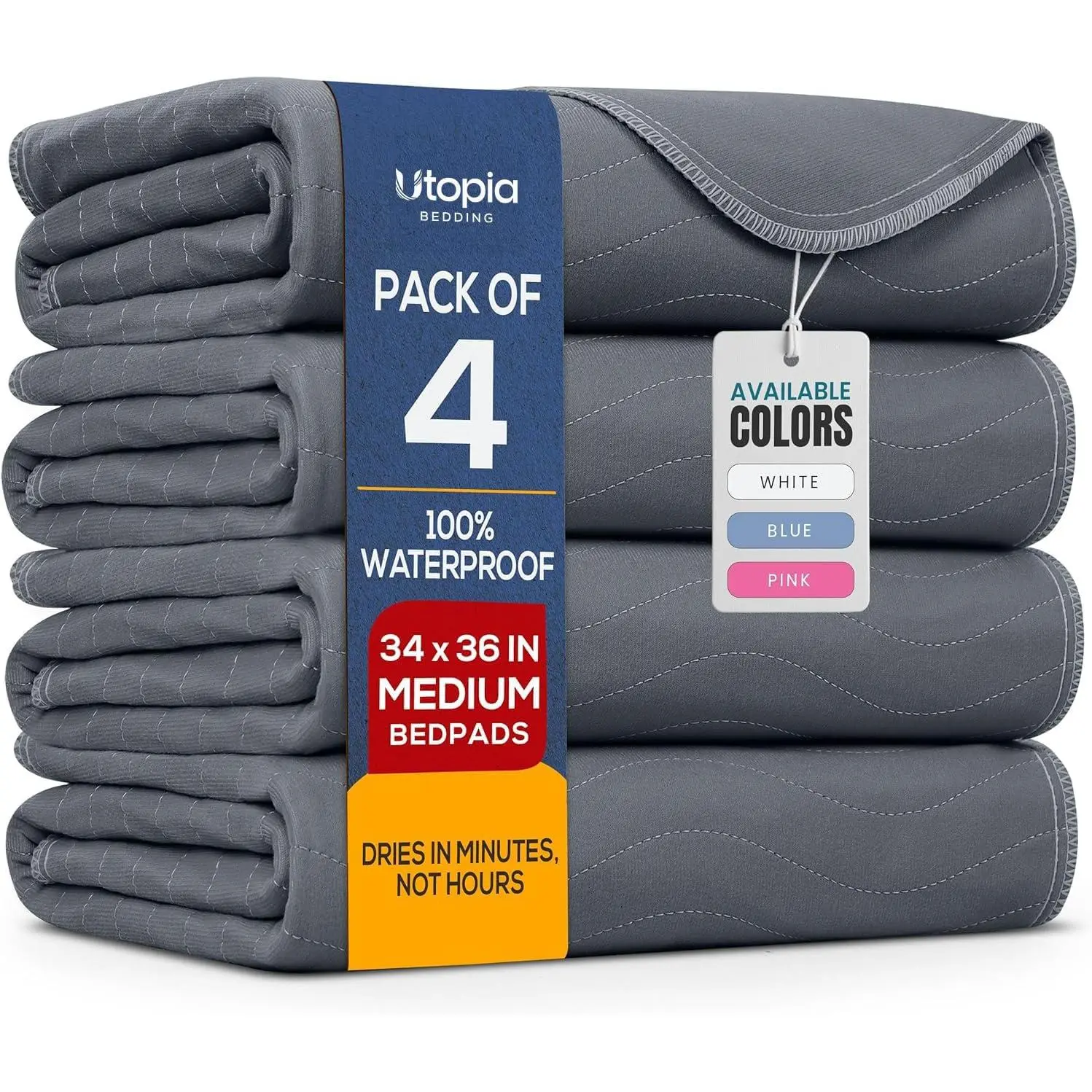 4 Pack Waterproof Reusable Absorbency Incontinence Bed Pads 34"x36"| Bedding Washable Underpads, Chuck Pads for Adults, Kids, Elderly and Pets, Bedwetting Pads for Sofa and Couch, Grey