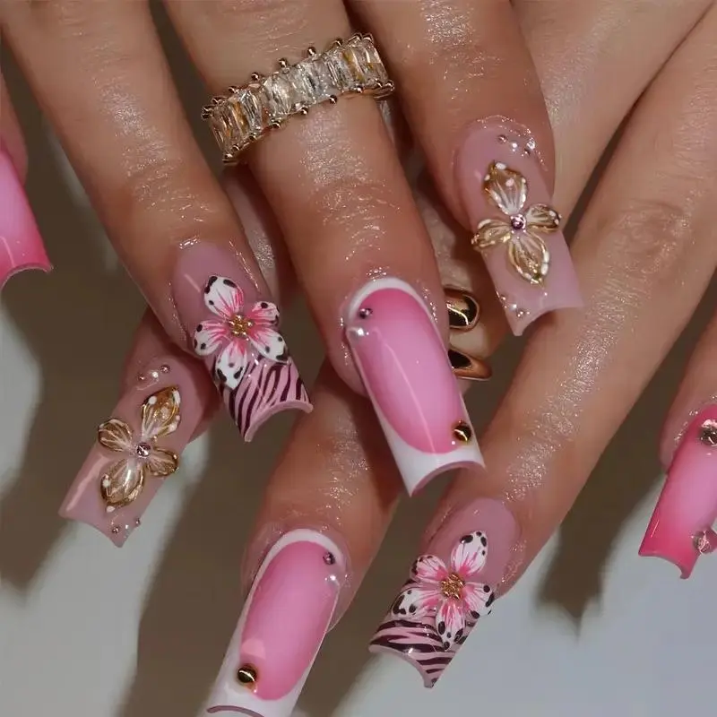 Pink Ombre Zebra Print 3D Flower Medium Coffin Press On Nails Sweet Girly Summer Handmade Fake Nails