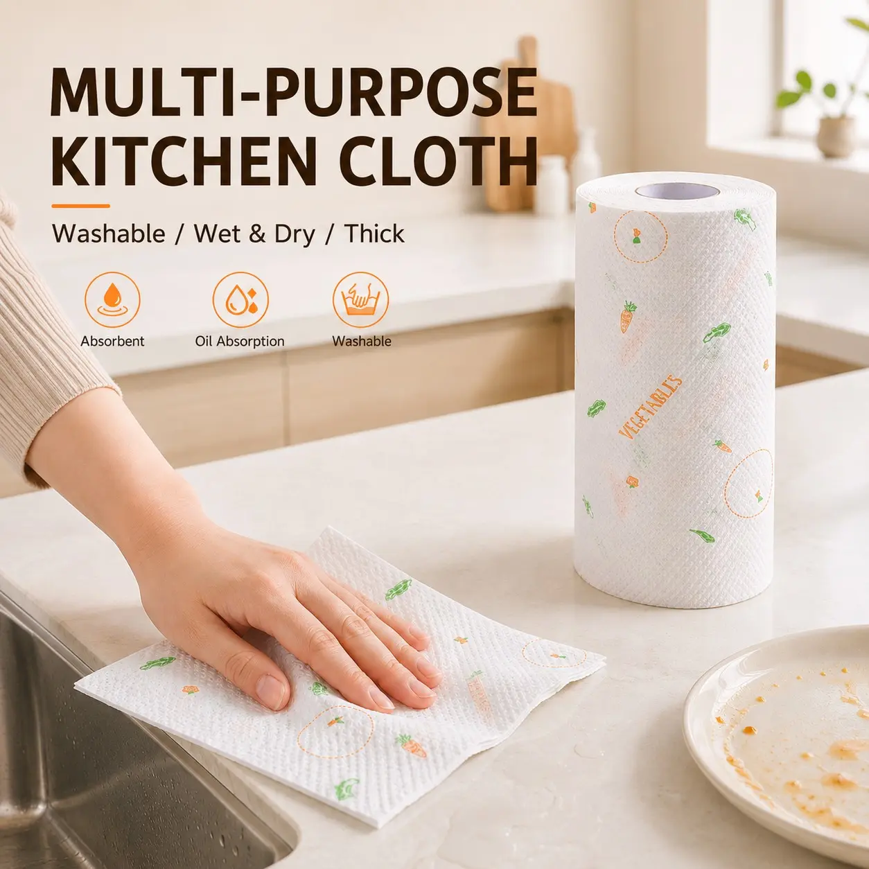 Thick Printed Disposable Kitchen Cloths, Washable Wet & Dry Dual Use Cleaning Rag for Household Dish Washing