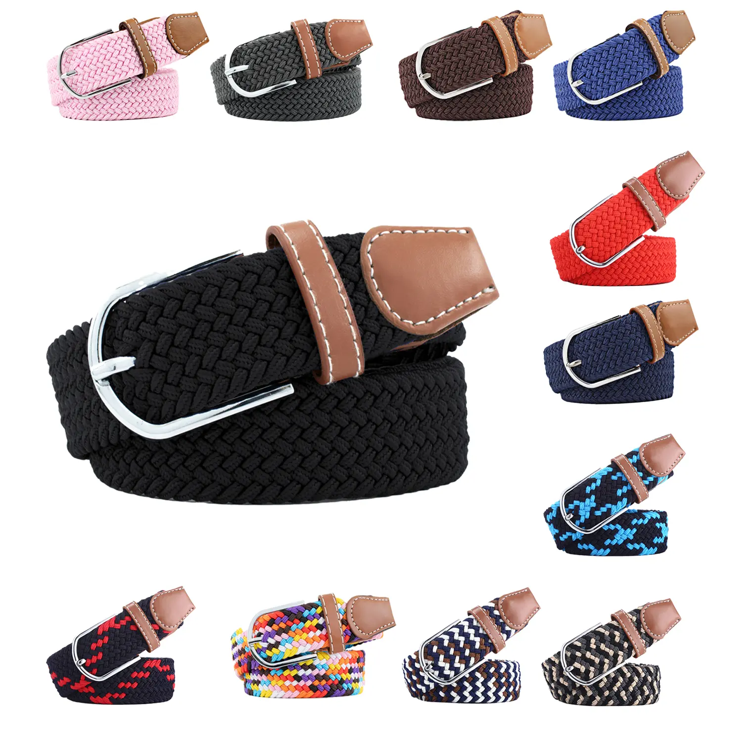 Elastic Braided Stretch Belt Unisex Woven Fabric Pin Buckle Waist Belt Faux Leather Trim Flexible No Hole Adjustable Casual Dress Pants Strap For Daily Business Travel Golf Outdoor All Season Fashion Accessory For Men Women