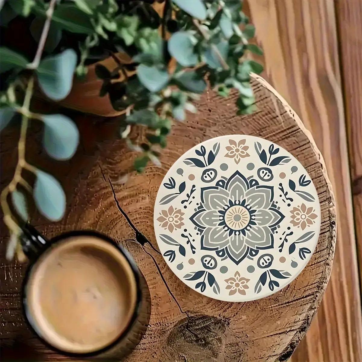 6pcs Bohemian Style Cork Coasters- Hand Washable Wooden Mandala Floral Design, Beige and Navy Blue Home Decoration, Party Gifts, Valentine's Day Mother's Day Gifts, Cute Coasters, Simple Tableware, Durable Fashiona