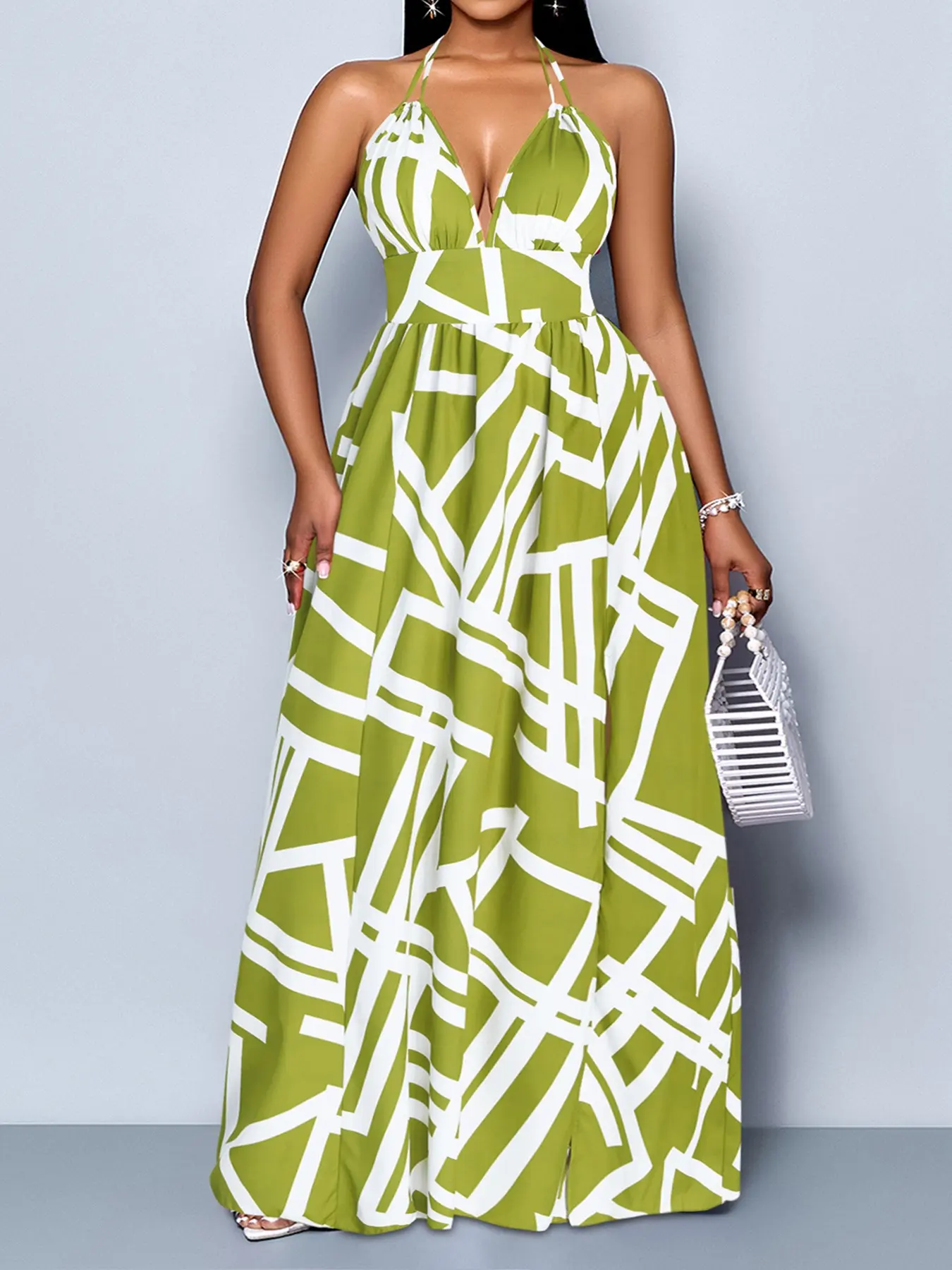Summer Sexy, Casual Plus-Size Women's Dress, Geometric Print, Spaghetti Straps, Halter Neck, Backless Design, High-Waisted Shirring, Flared Hem with Slit, Maxi Dress Ideal for Travel, Vacations, Casual Outings, Backless Outfit