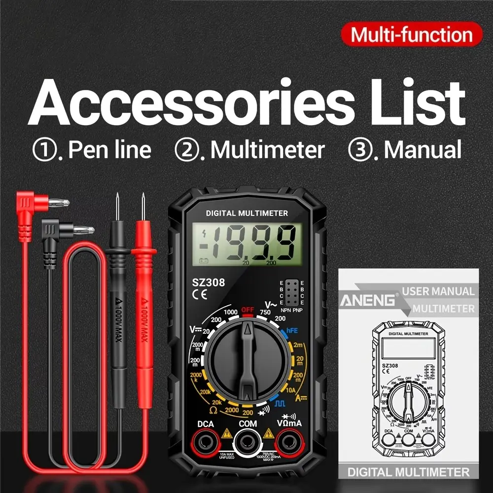Mini Digital Multimeter 1999 Counts, Hfe Transistor Tester, Ac/dc Voltage, Dc Circuit Tester, 10a Current, Professional Electronics Tool, No Battery Required