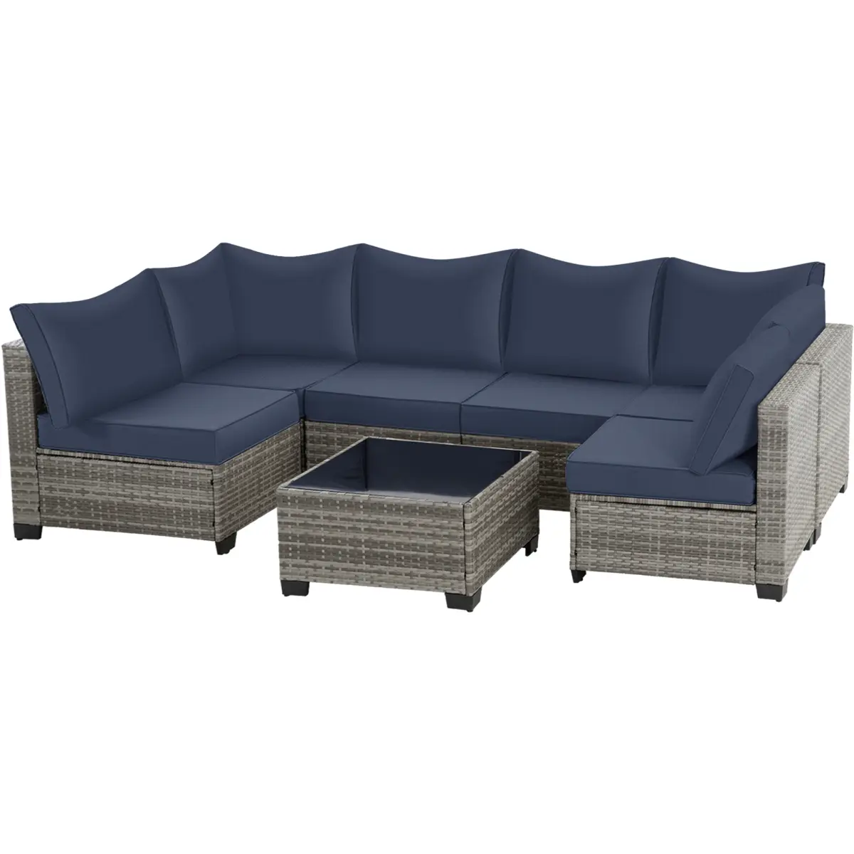 7-Piece Outdoor Patio Furniture Set, All-Weather Wicker Rattan Sectional Sofa with Thick Cushions & Glass Table, Modular Patio Conversation Furniture for Backyard, Poolside & Garden (Grey-Blue)