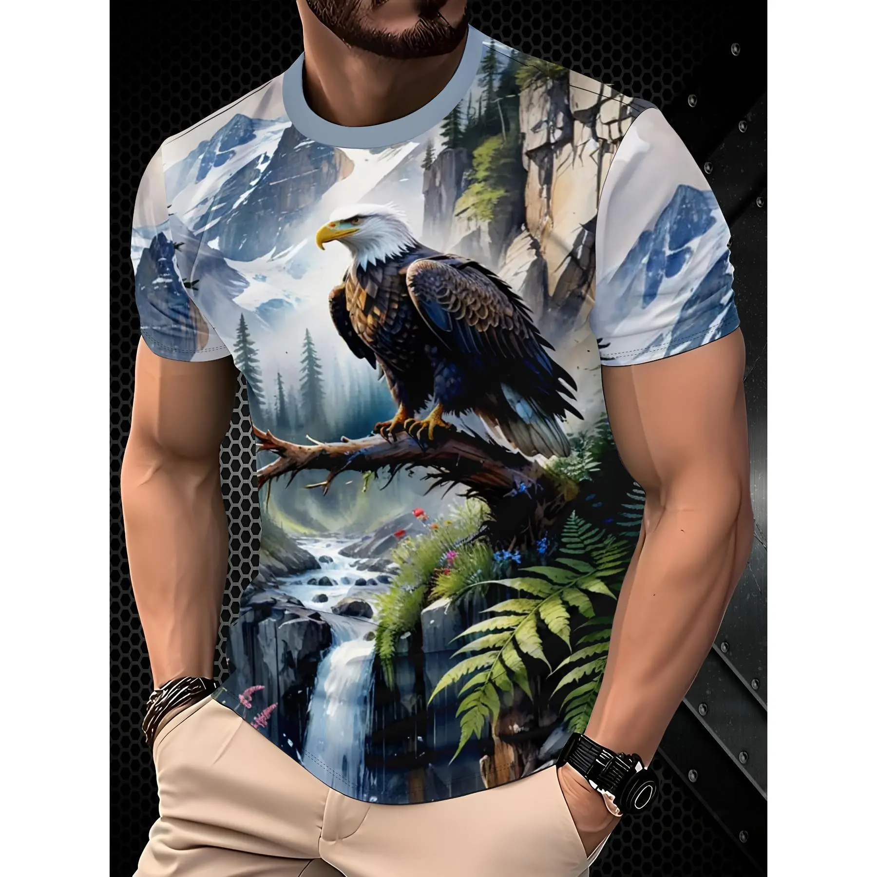 [3D Print Eagle Top] Men's 3D Print Eagle Element Casual Athletic Top, Fabric, Regular Fit, Suitable for Outdoor Activities And Daily Comfort, Fashionable Casual Round Neck Top, Trendy Versatile And Easy to Care For, Fiber Men's T-Shirt New Arrival