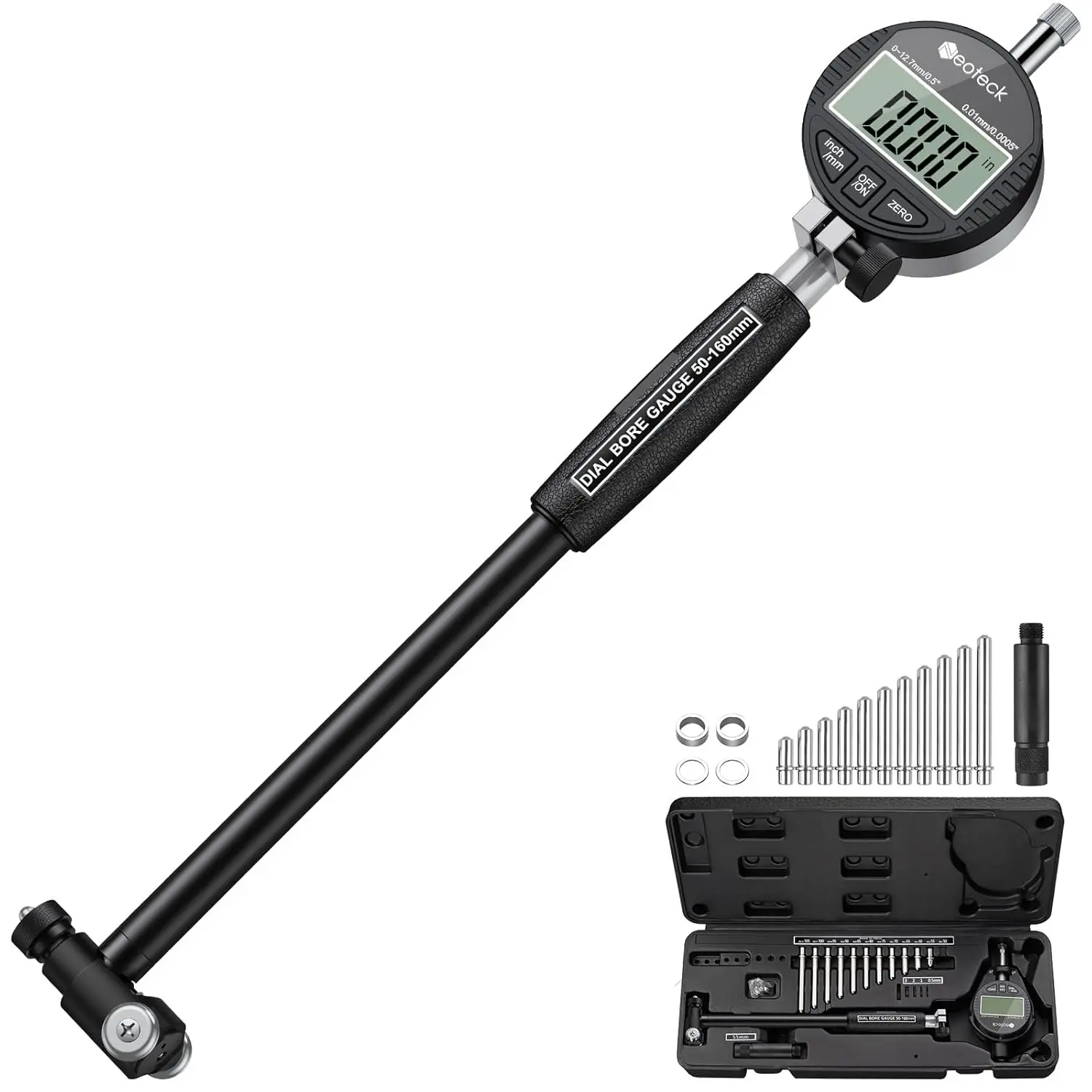 Neoteck Bore Gauge Set Digital Indicator Dial Bore Gauge (2-6"/0.0005") with Self-Centering Dial,Carbide Anvils, Insulated Grips for Deep Engine Cylinder Measurement-Black