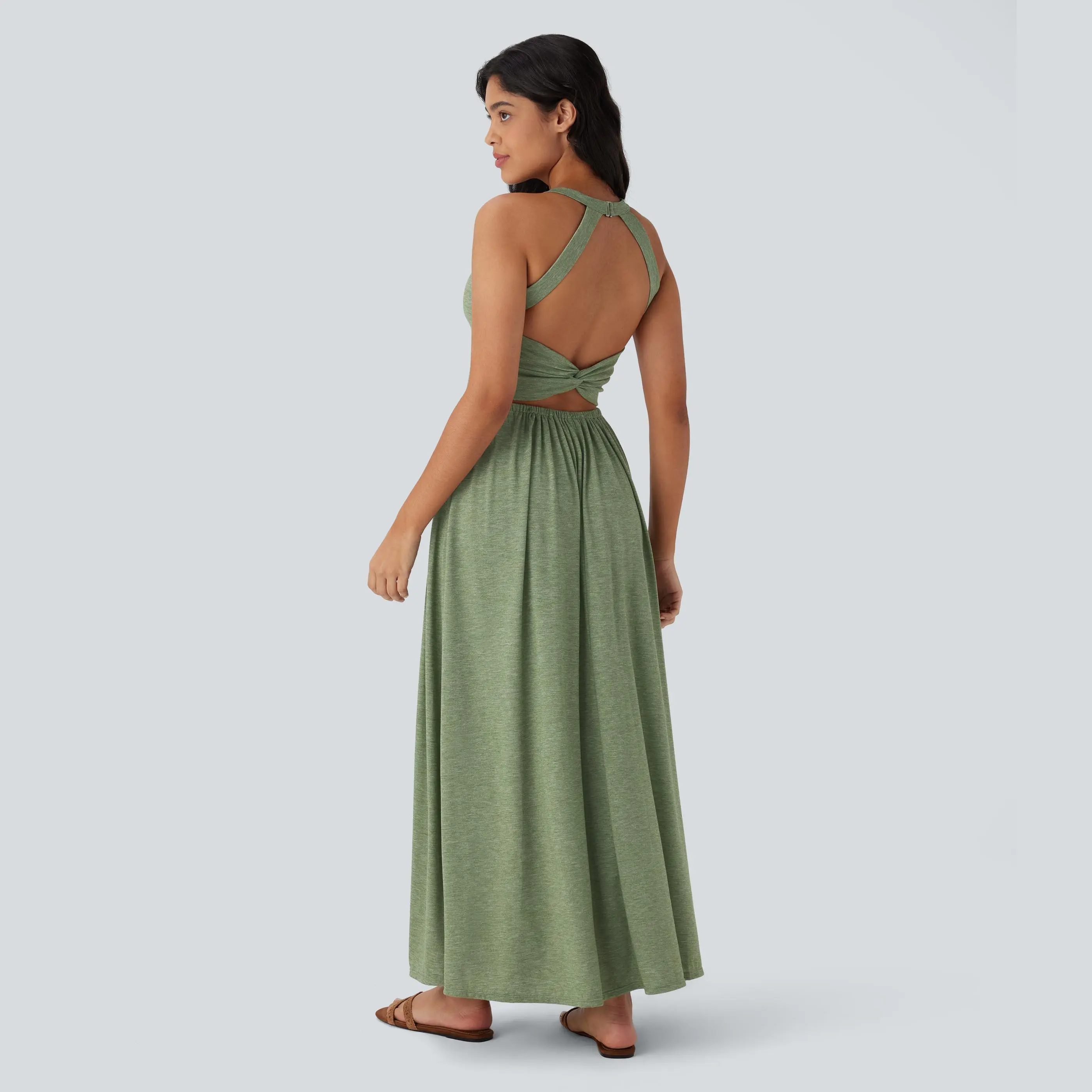 Halara Twisted Backless Split Flowy Maxi Resort Dress with Pockets