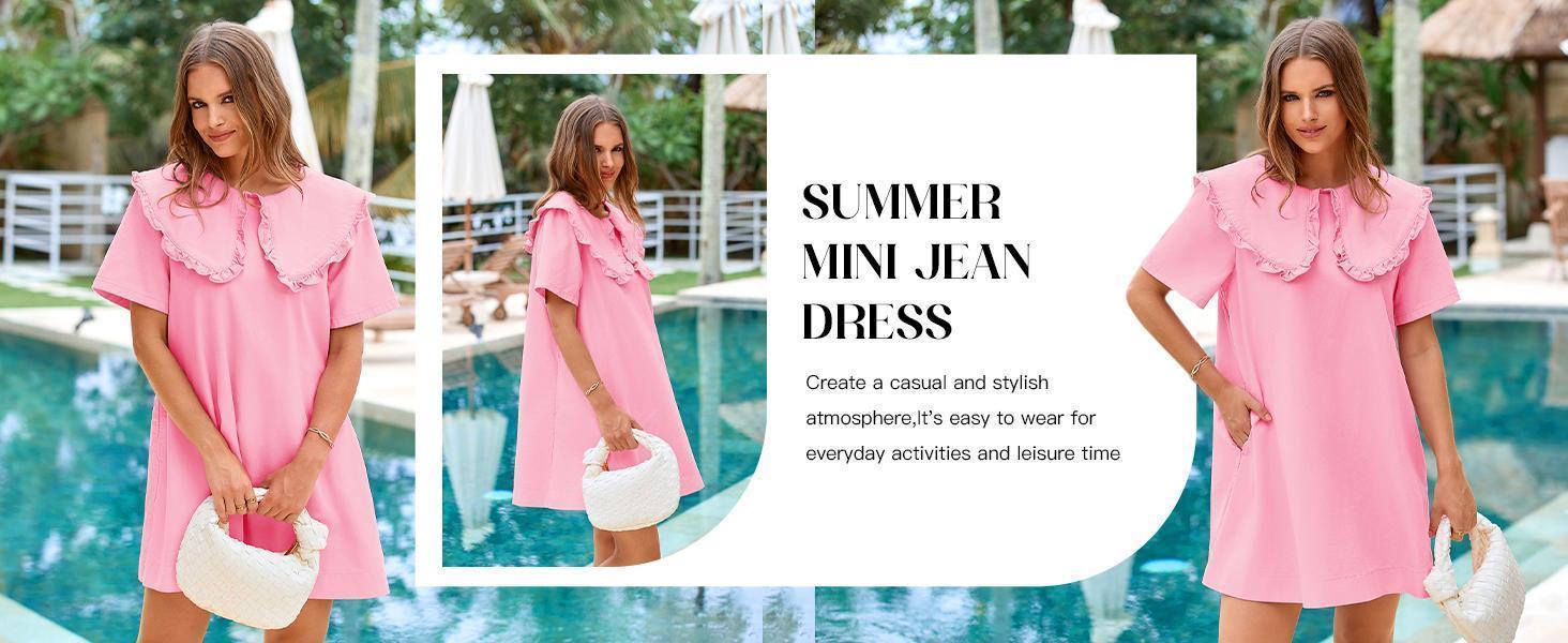 Imily Bela Womens Summer Denim Mini Dress Oversized Peter Pan Collar Short Sleeve Casual Flowy Babydoll Jean Dresses SpringStatements