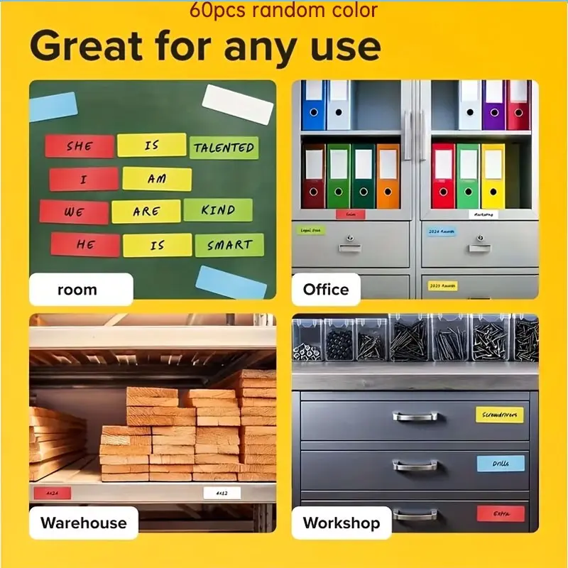 60 Piece Colorful Magnetic Labels, Waterproof Write-On Whiteboard Stickers, Ideal for Refrigerator, Office, Garage, Freezer, Shelves