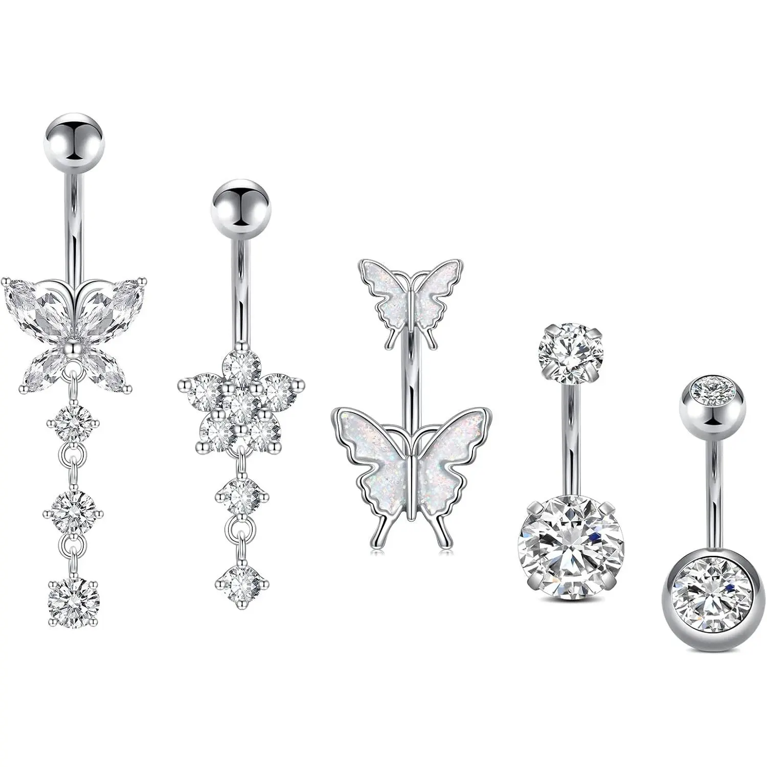 piercing kit 14G Belly Button Rings, Stainless Steel Diamond Belly Rings For Women, Dangle Belly Button Rings With Butterfly, 6mm Short & 10mm Bar Navel Piercings