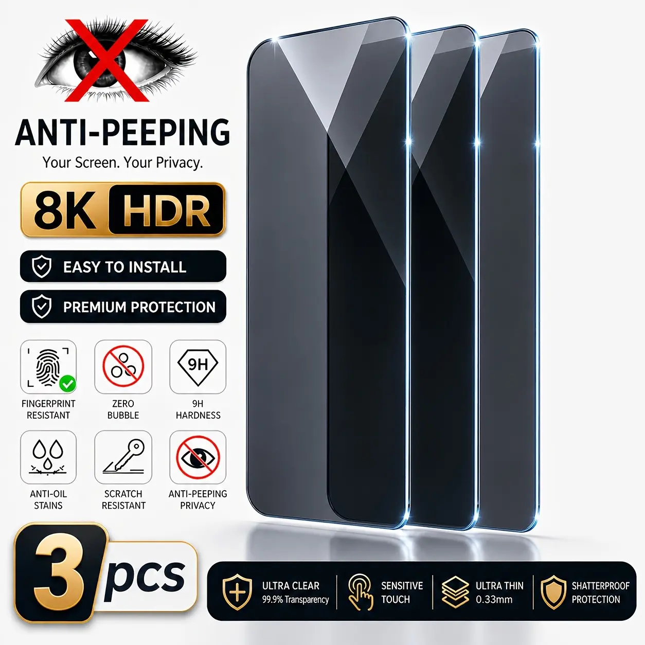 Three-Pack 8k Hdr Anti-Spy Tempered Glass Film for iPhone X/XS/XR/11/12/13/14/15/16/17 Pro/pro Max, 9h Hardness, Bubble-Free, Fingerprint-Resistant