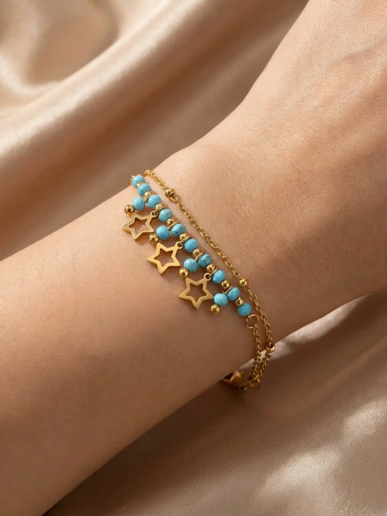 Stainless Steel Double Layer Star Blue Bead Bracelet, Korean Style, Adjustable Waterproof, All Seasons, Student Fashion Accessory