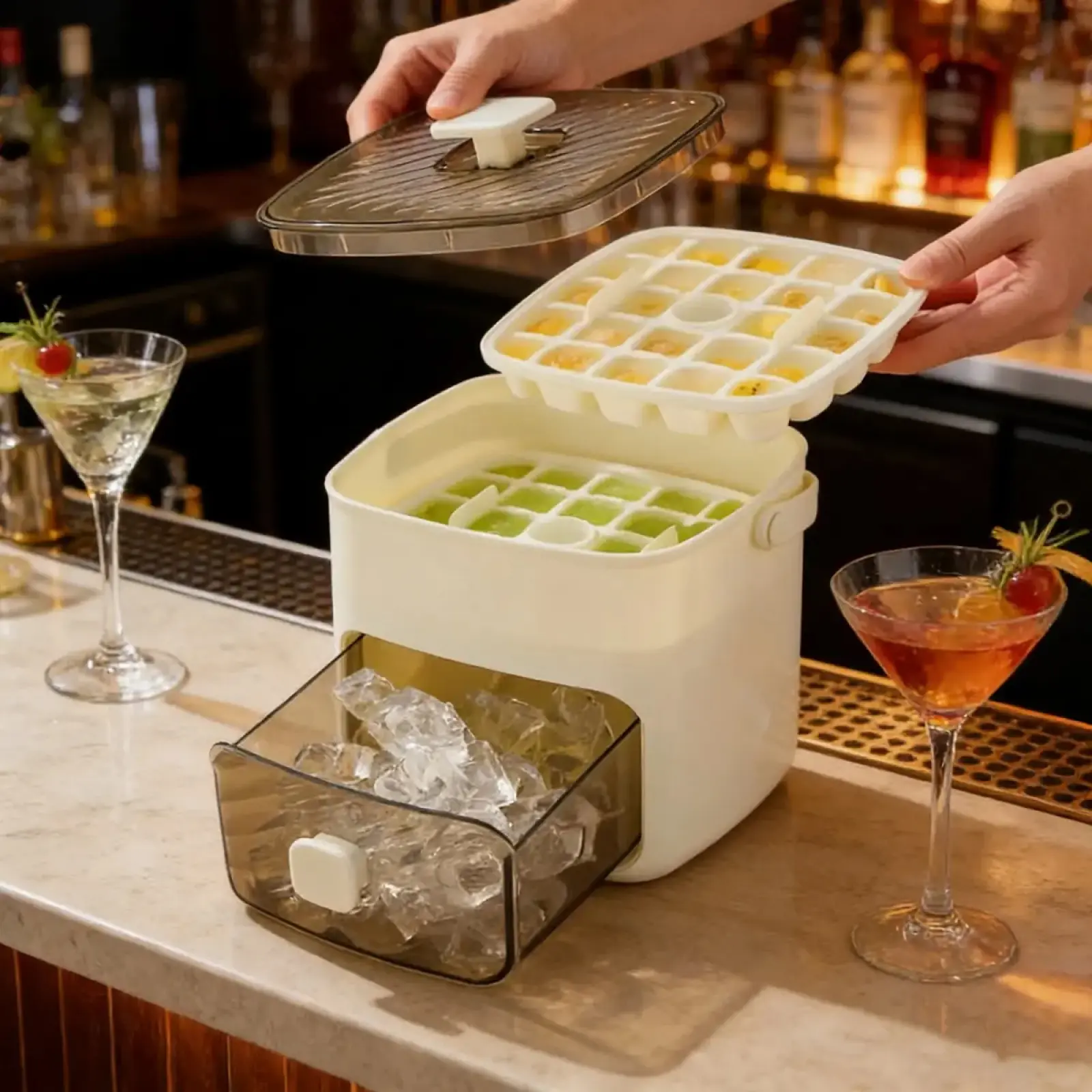 High-capacity ice-making mold,Easy Press Lid Design, Food Grade Freezer Tray, Perfect for Whiskey & Cocktails, Essential Kitchen Tool