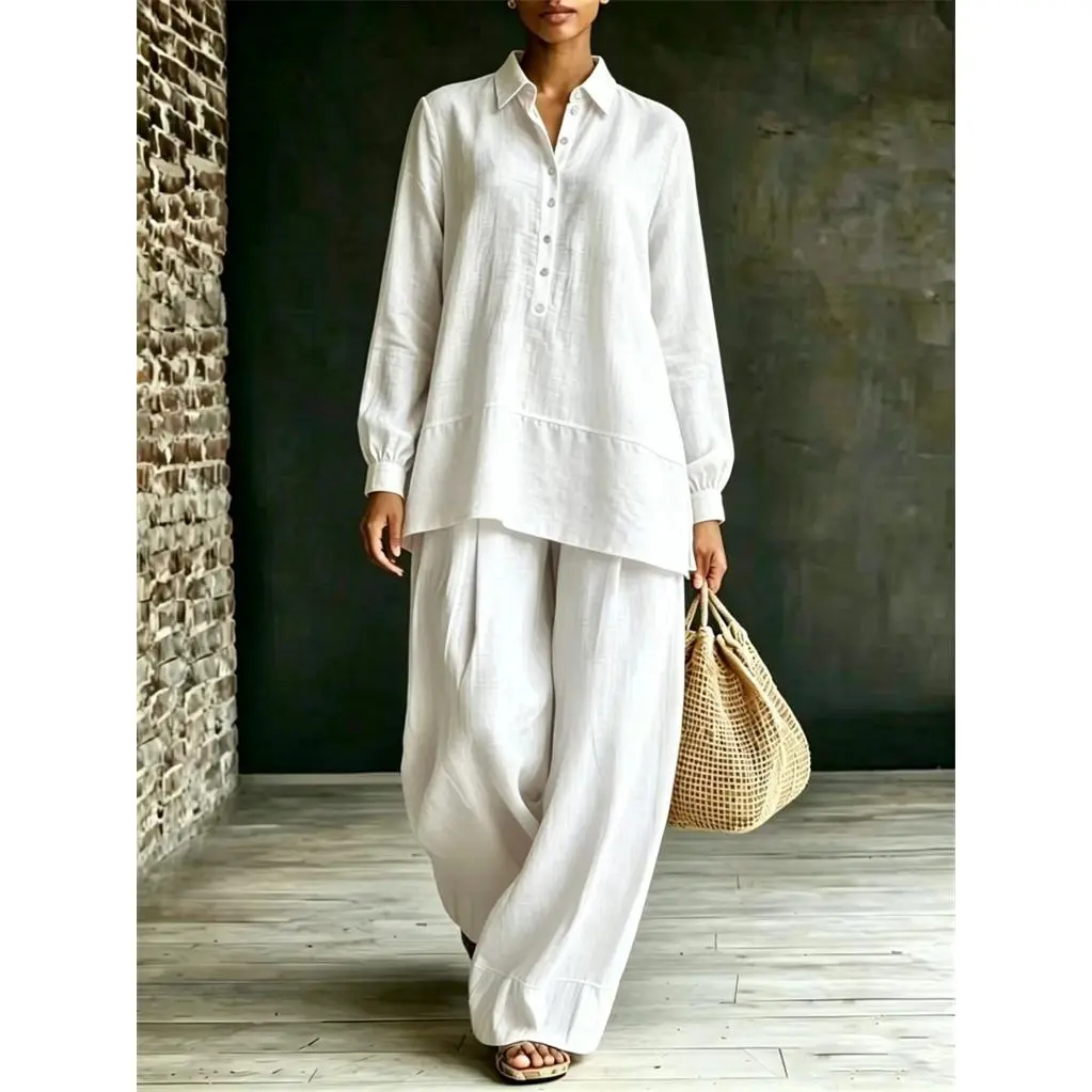 Women’s Long Sleeve Shirt and Pants Set, Casual Loose Fit Two Piece Outfit, Elegant Matching Set with Relaxed Trousers, Lightweight Comfortable Lounge Wear for Daily Wear, Travel, Vacation, Weekend and Stylish Casual Fashion