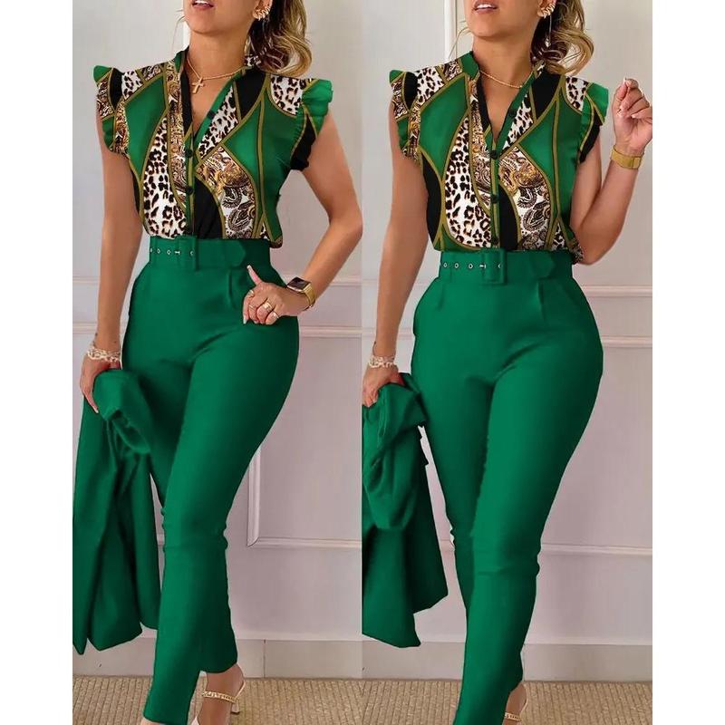 Women's 2-Piece Floral Print Blouse Solid Pants Set with Belt, Breathable Lotus Sleeve Top & Stretch Trousers Office to Casual Versatile Outfit Comfort Clothes Jacket Suits Chic Womenswear matching sets vacation Cropped Beach