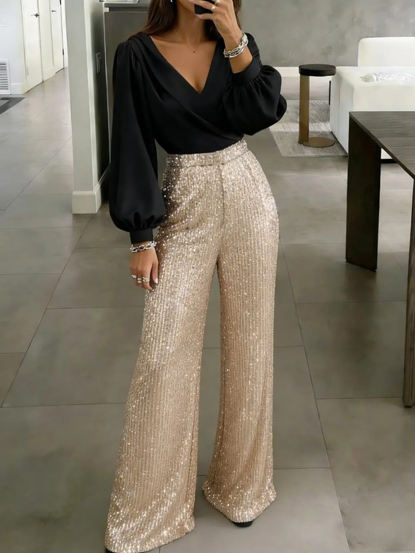 Women's trousers pants, champagne-colored sequined high-waisted wide-leg style, beautiful, fashionable, formal and elegant for banquets, parties, and evening events.