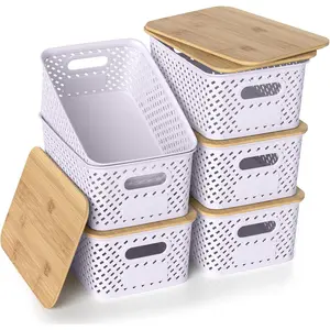 Plastic Storage Bins with Bamboo Lids, Stackable Small Box Baskets for Organizing and Containers for Shelves Drawers Desktop Closet Pantry Classroom Office Home, 6 Pack 10.2"x7.2"x4.1" Lavender
