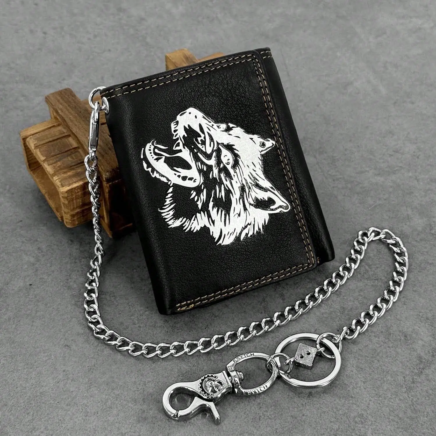 Punk Bike Leather Wallet White Wolf Printed Money with Chain Men's Wallet