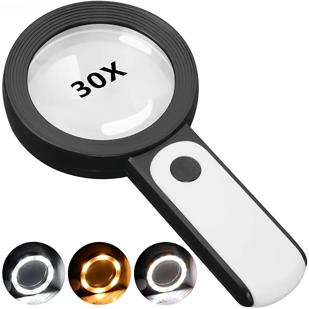 Equipped with A Magnifying Glass, 30X Handheld Large 18LED Cold and Warm Light, with 3 Modes, Illuminating The Magnifying Glass, Suitable for Reading, Checking, Coins, Jewelry, and Exploration, Portable Magnifying Glass
