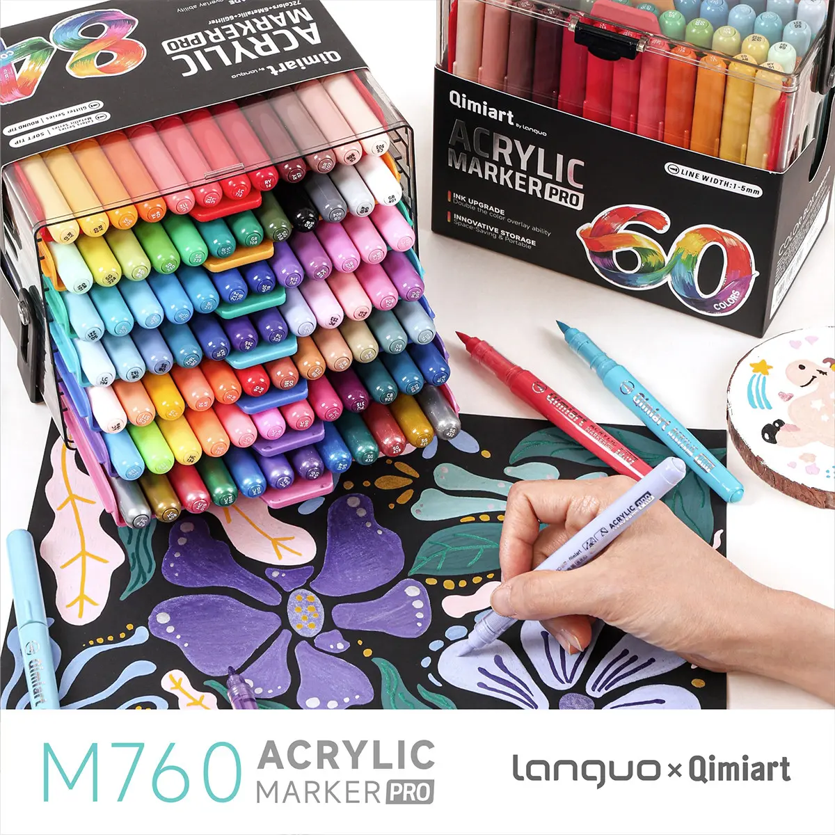 Languo Heavy-Duty Liquid Acrylic Marker Set, 36/60/84 Colors, Enhanced Ink Coverage, Portable Transparent Storage, Ideal for Various Surfaces