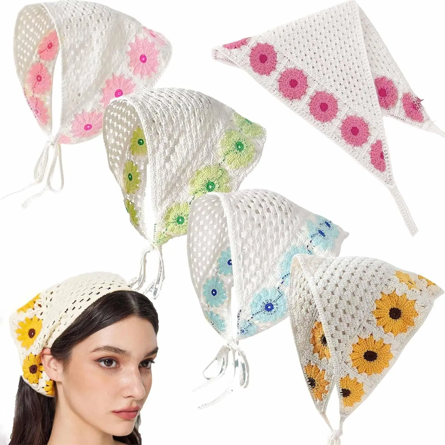 Crochet Bandanas Headbands Cute  Hairbands  Knitted Headscarf Green Daisy  Scarf Foral Headwrap