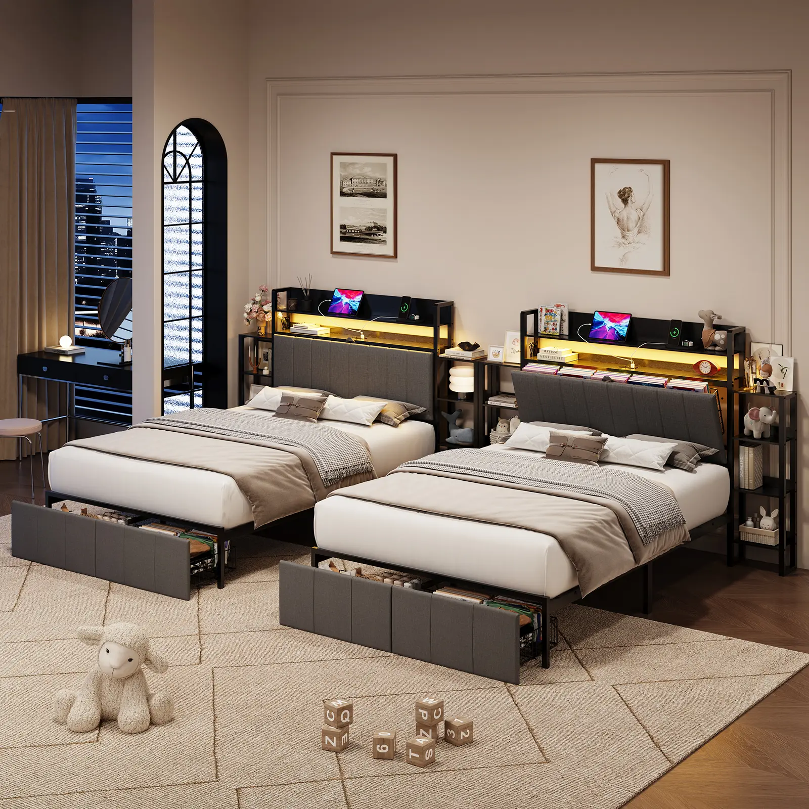 Full Black Upholstered Bed Frame with LED Headboard, USB Charging, Storage Shelves & Drawer, No Box Spring Needed