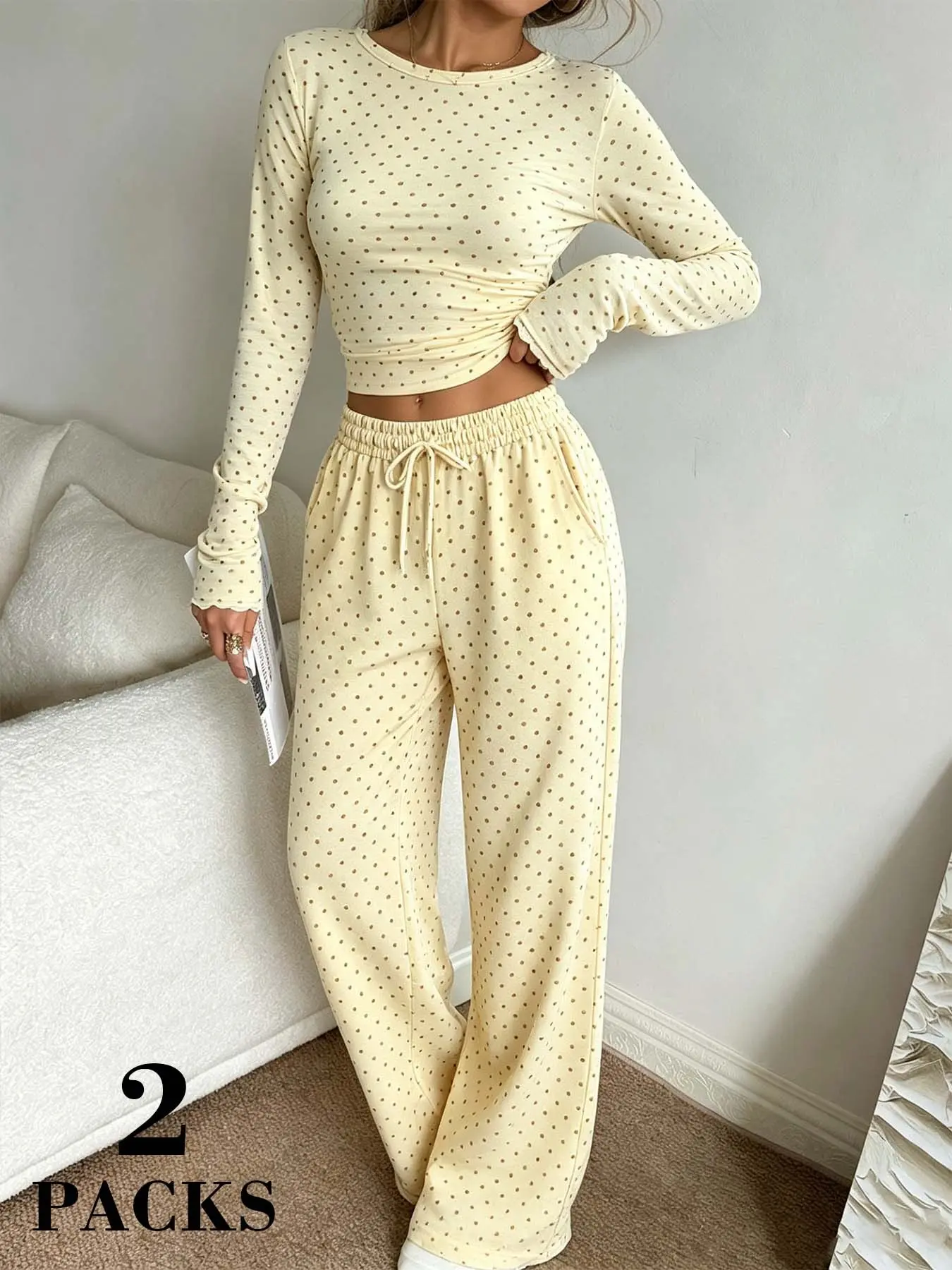 Women's Striped Fitted Clothing Set, Casual Long Sleeve Top and Wide Leg Pants, Spring & Fall Sleepwear Two-Piece Set