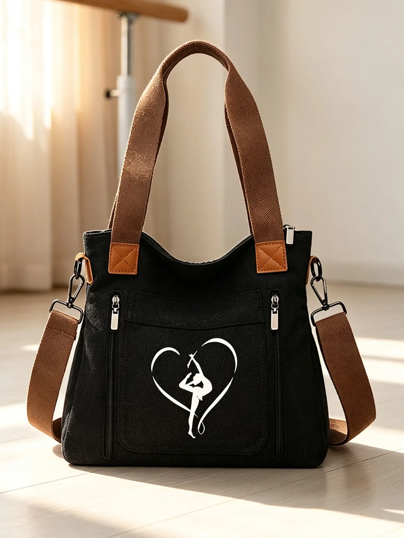 Dance Silhouette Print Canvas Tote Bag, Large Capacity Crossbody Backpack, Multi-Compartment Shoulder Bag, Casual All-Season School Bag
