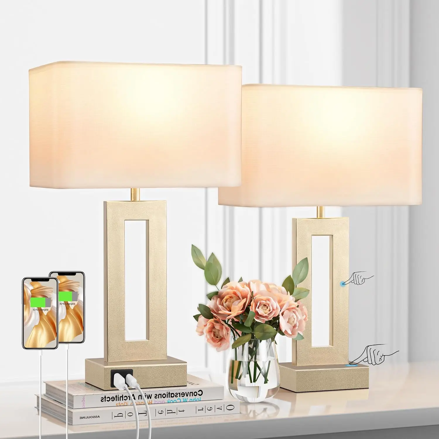 Bedroom Table Lamps Set of 2 - Touch Bedside Lamps with USB C+A, 3 Way Dimmable Gold Lamp for Nightstand, Modern Lamps for Living Room End Tables Desk Bed Side Study Room