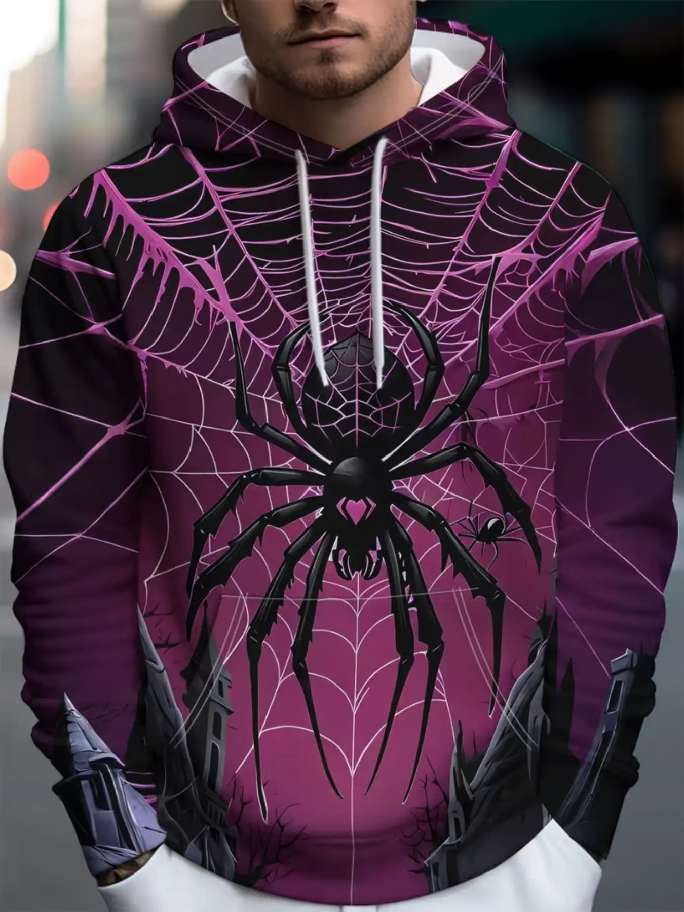 Men's Casual Pullover Hoodie, Gothic Castle Spider Print, Long Sleeve Fitted Sweatshirt, All-Season Streetwear, Trendy & Cool Design