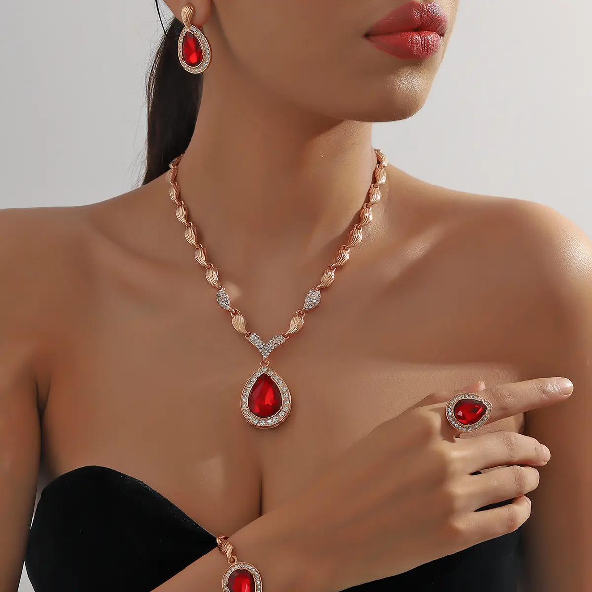 Women's 4-Piece Rose Gold Teardrop Rhinestone Jewelry Set - Necklace, Earrings, Bracelet, Ring with Red & Blue Crystals for Wedding, Prom Formal Party Accessories