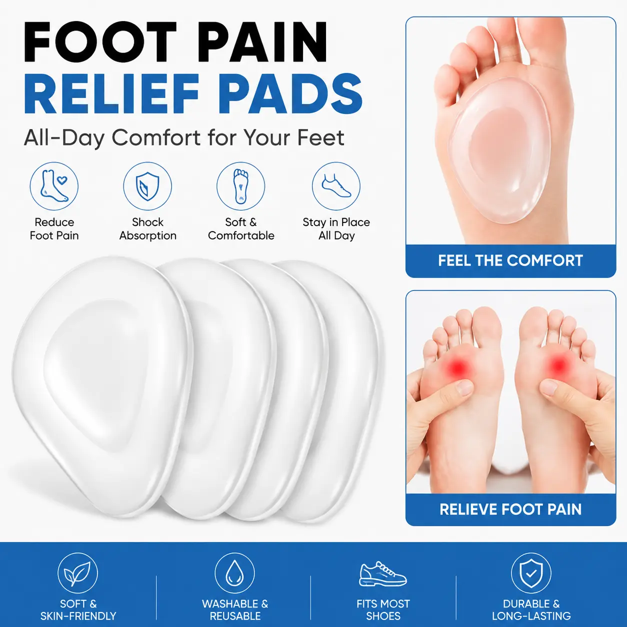 2 Pairs Gel Cushion Insoles, Shock Absorption Silicone Triangle Shoe Inserts, Reusable Comfortable Foot Protection for All Shoes-YY0