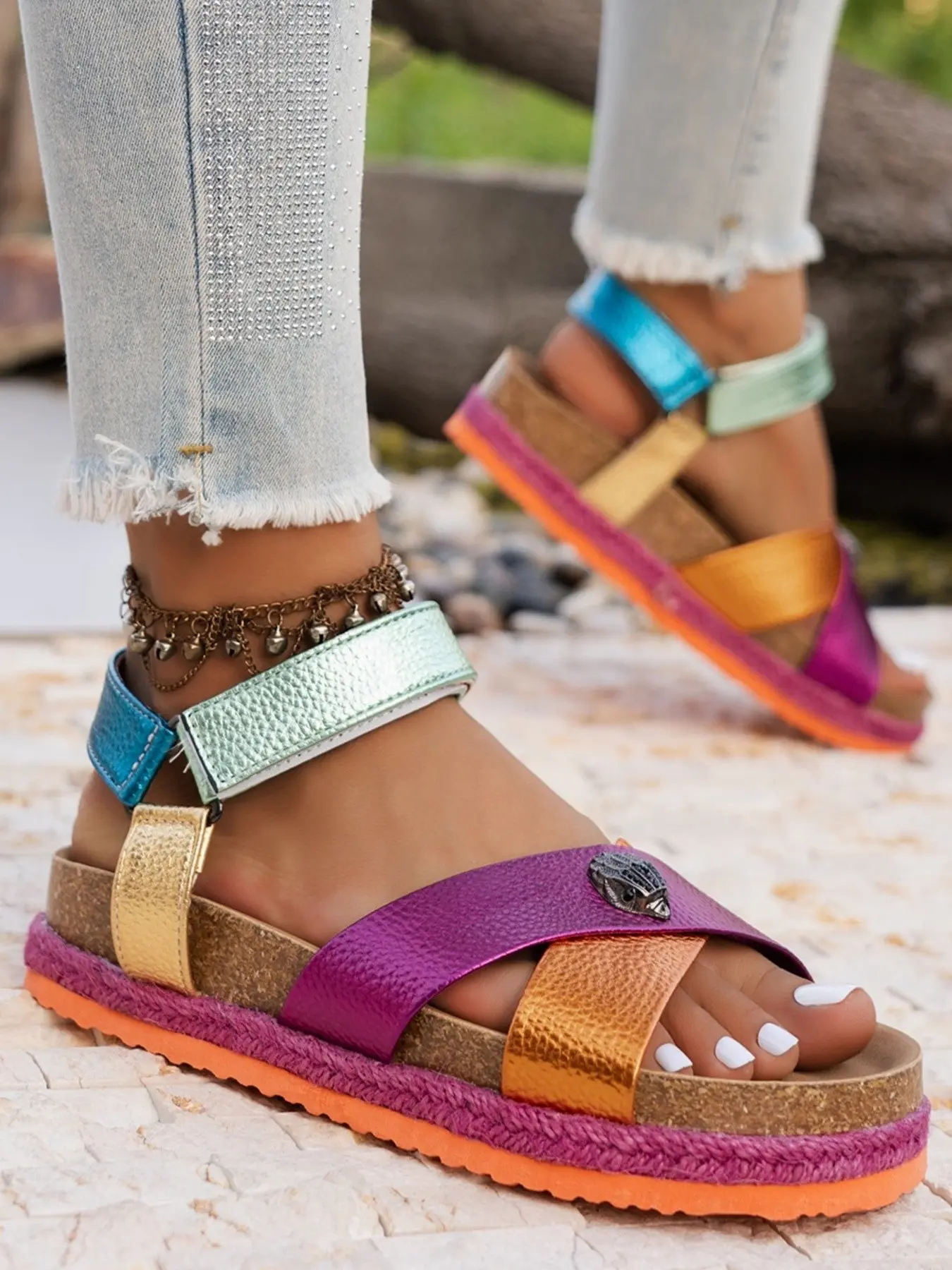 Women's Colorblock Glossy Metal Accent Sandals, Rope Trim Platform Roman Sandals, Velcro Multi-Color Anti-Slip Design, Thick Sole Open-Toe, Casual Summer Vacation Wear