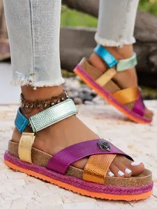Summer New Colorblock Glossy Metal Accent Rope Trim Wedge Roman Sandals, Women's Velcro Patchwork Anti-Slip Vacation Thick Sole Open-Toe Sandals Footwear