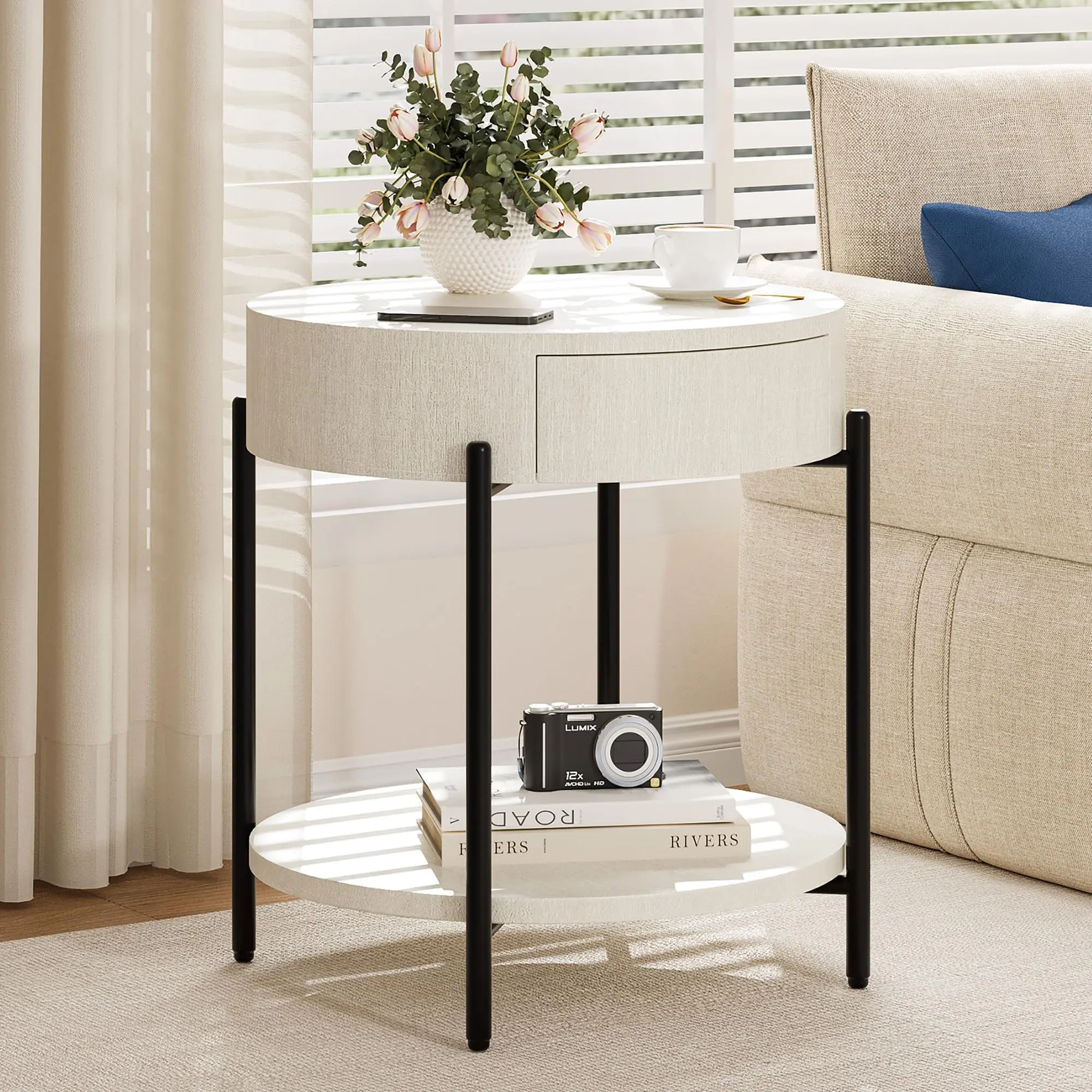 Round Coffee Table for Living Room – 2 Drawers, Modern Wood Grain Center Table, Industrial Black Metal Legs, Ample Storage, White